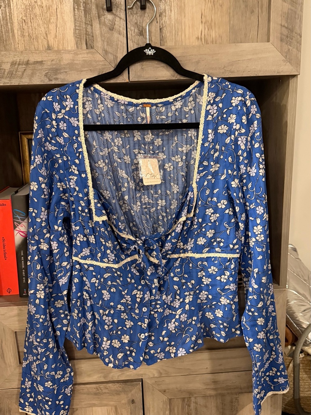 Free People Blue Floral Peasant Blouse with Crochet Trim